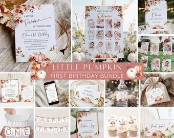 Little Pumpkin Birthday Invitation Bundle, Fall Birthday Invite, 1st Birthday Pumpkin Party, Photo Poster & Welcome Sign, Editable Template