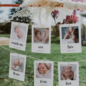 Modelo de banner de foto de primeiro aniversário, banner de foto de primeiro aniversário, cartões de foto de marco mensal minimalistas modernos, cartões de foto neutros em termos de gênero