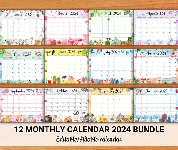 Editable January 2024 Calendar Bundle Printable Wall Calendar 2024  Beautiful Holiday Calendars for 2024 Classroom Calendar Cute Calendar 