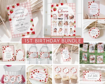 Pink Gingham Berry First Birthday Invitation Bundle, Strawberry 1st Birthday Invitation Template, Berry Birthday Decor, 1st Birthday Girl