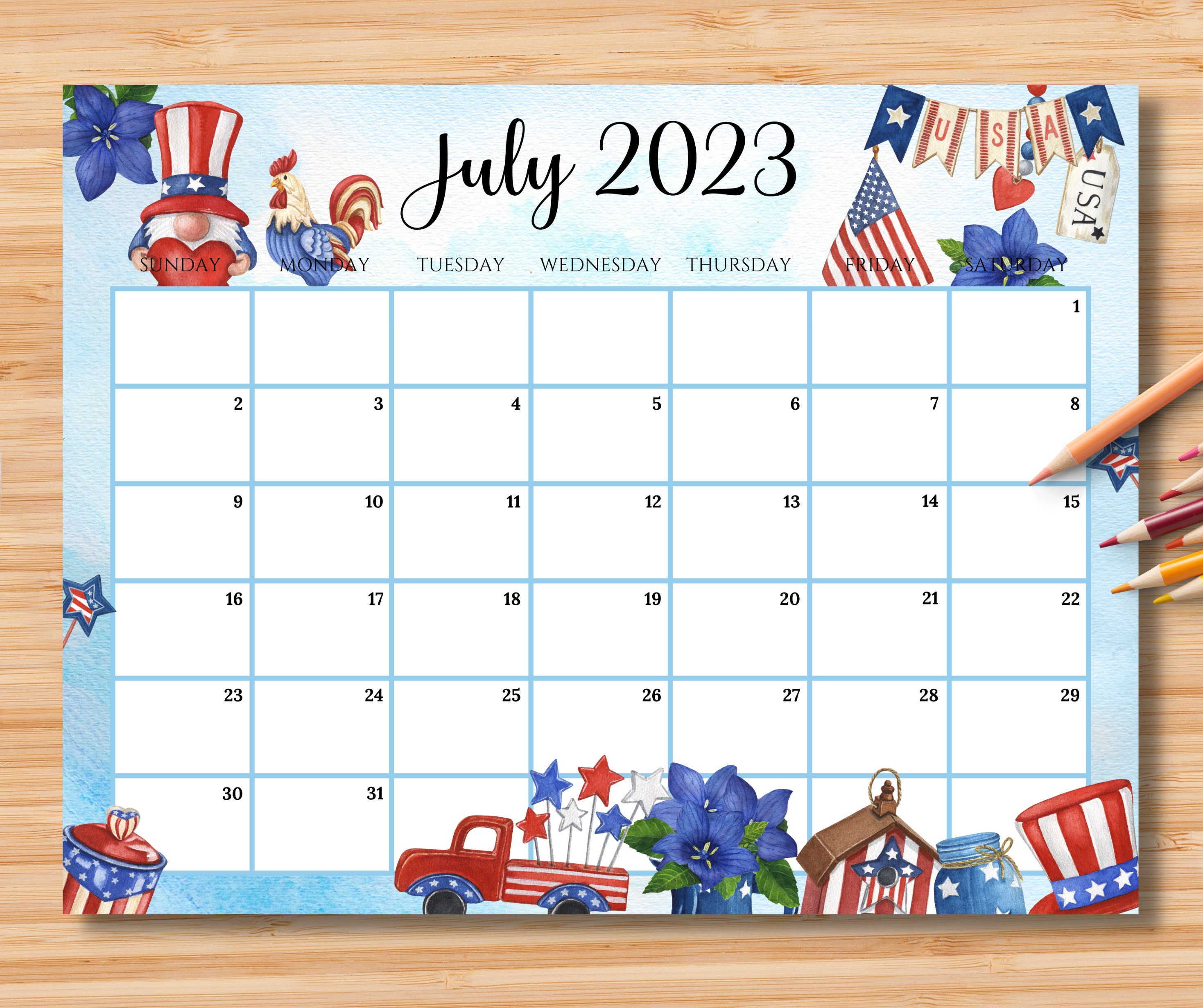 EDITABLE July 2023 Calendar 4th of July Independence Day - Etsy