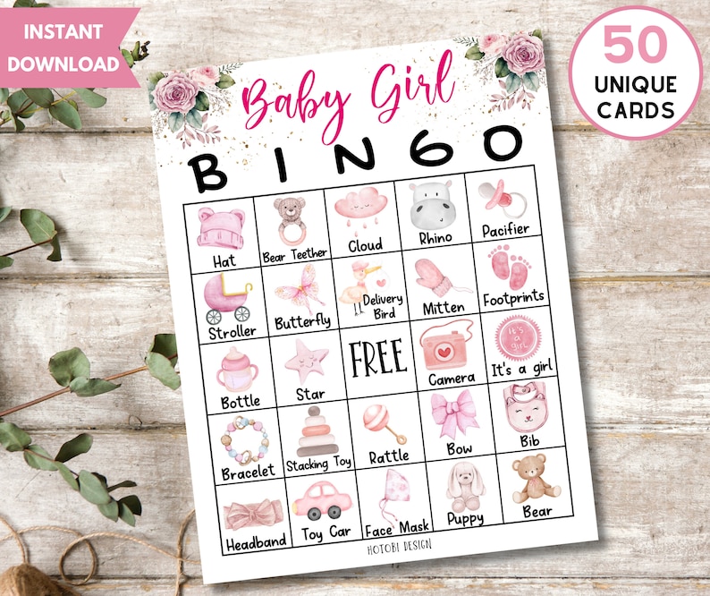 Printable Baby Girl Bingo Game Watercolor Pink Aesthetic 50 - Etsy