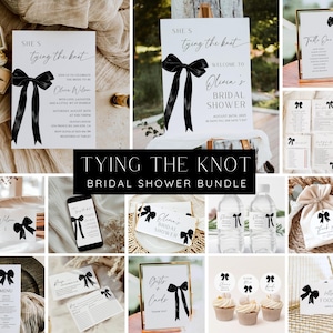 Pacchetto per addio al nubilato "She's Tying The Knot", invito e giochi per la sposa con fiocco nero moderno, set per addio al nubilato minimalista, modello Canva modificabile