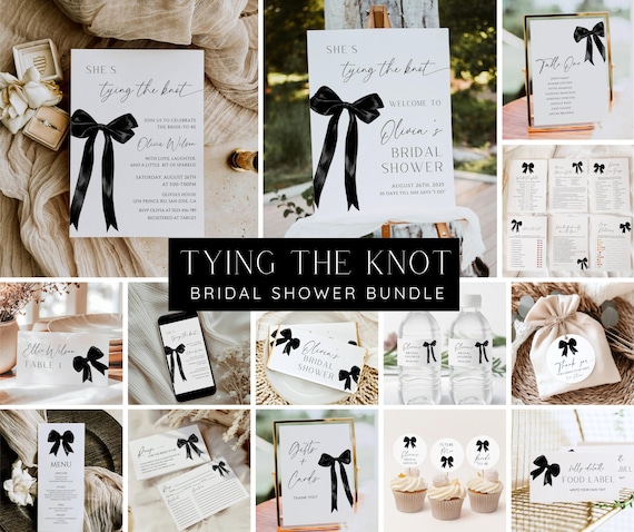 She's Tying The Knot Bridal Shower Bundle, Modern Black Bow Bridal Invitation & Games, Minimal Wedding Shower Set, Editable Canva Template