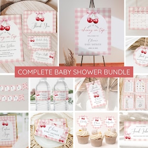 Kirsche Babypartyeinladungspaket, Kirsche auf der Oberseite Einladungsset, Gingham Kokette Rosa Bogenbeeren, Babymädchen, bearbeitbare Vorlagen, druckbar