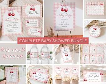 Paquete de invitaciones para baby shower con cerezas, juego de invitaciones con cerezas en la parte superior, lazo rosa con cuadros vichy y bayas, niña, plantillas editables, imprimibles