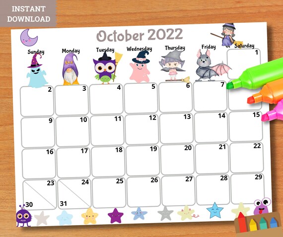 editable october 2022 calendar printable kids calendar 2022 etsy