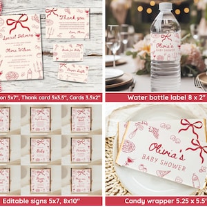 May include: A collection of baby shower party supplies with a red and cream color scheme. Includes invitations, thank you cards, editable signs, water bottle labels, and candy wrappers. The designs feature illustrations of food and baby-related items.