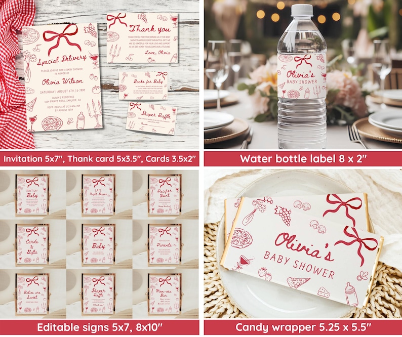 May include: A collection of baby shower party supplies with a red and cream color scheme. Includes invitations, thank you cards, editable signs, water bottle labels, and candy wrappers. The designs feature illustrations of food and baby-related items.
