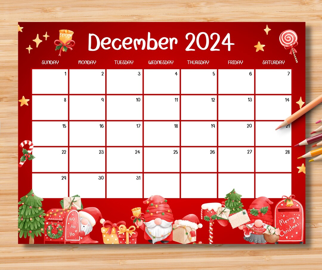 EDITABLE December 2025 Calendar, Cheerful Christmas With Mail Gnomes