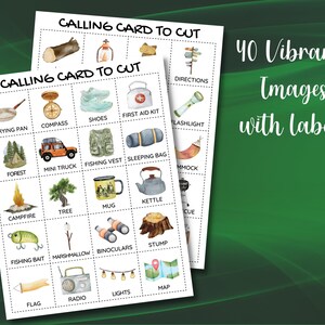 Peut inclure: Un jeu de cartes d'appel &agrave; th&egrave;me camping imprimable avec 20 images illustr&eacute;es d'&eacute;quipements et d'activit&eacute;s de camping. Les images comprennent une boussole, une trousse de premiers soins, une lampe de poche, un sac de couchage, une bouilloire, des jumelles et plus encore. Les cartes sont &eacute;tiquet&eacute;es avec le nom de chaque article.