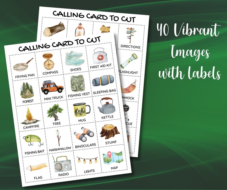 Peut inclure: Un jeu de cartes d'appel &agrave; th&egrave;me camping imprimable avec 20 images illustr&eacute;es d'&eacute;quipements et d'activit&eacute;s de camping. Les images comprennent une boussole, une trousse de premiers soins, une lampe de poche, un sac de couchage, une bouilloire, des jumelles et plus encore. Les cartes sont &eacute;tiquet&eacute;es avec le nom de chaque article.