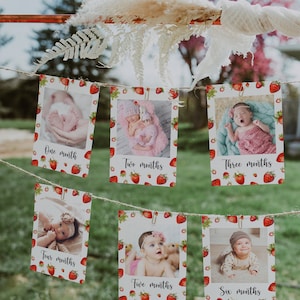 Cartes-photos modifiables d'étape mensuelle aux fraises, décoration d'anniversaire de bannière d'anniversaire de baies, bannière de chaise haute imprimable, téléchargement immédiat