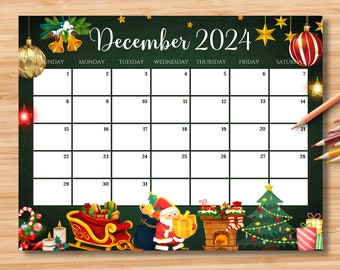 Calendario EDITABLE Diciembre 2024, Hermosa Navidad con Papá Noel, Regalos y Decoraciones, Planificador de Calendario Imprimible, Descarga Instantánea