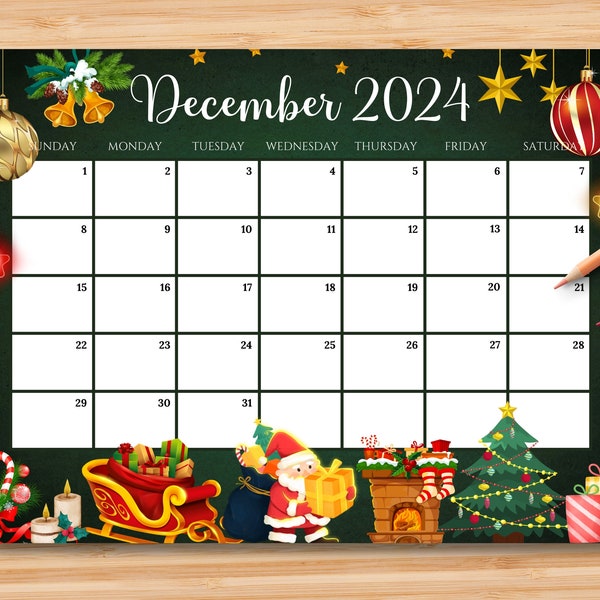 EDITABLE December 2024 Calendar, Gorgeous Christmas with Santa Claus, Gifts and Decorations, Printable Calendar Planner, Instant Download