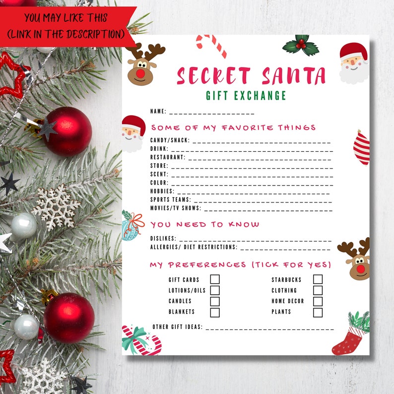 Secret Santa Questionnaire Printable Secret Santa Form Secret - Etsy