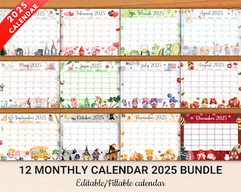 EDITABLE Gnome Monthly Calendar 2025, 12 Beautiful Fillable Monthly Planner, Cute Printable 2025 Calendar Planner for Kids, Instant Download