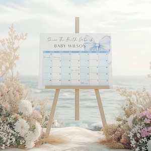 Blue Bow Baby Shower Due Date Calendar, Elegant Blue Bow Prediction Game, Baby Shower Game, Guess Baby&#39;s Birth Date, Baby Boy, EDITABLE