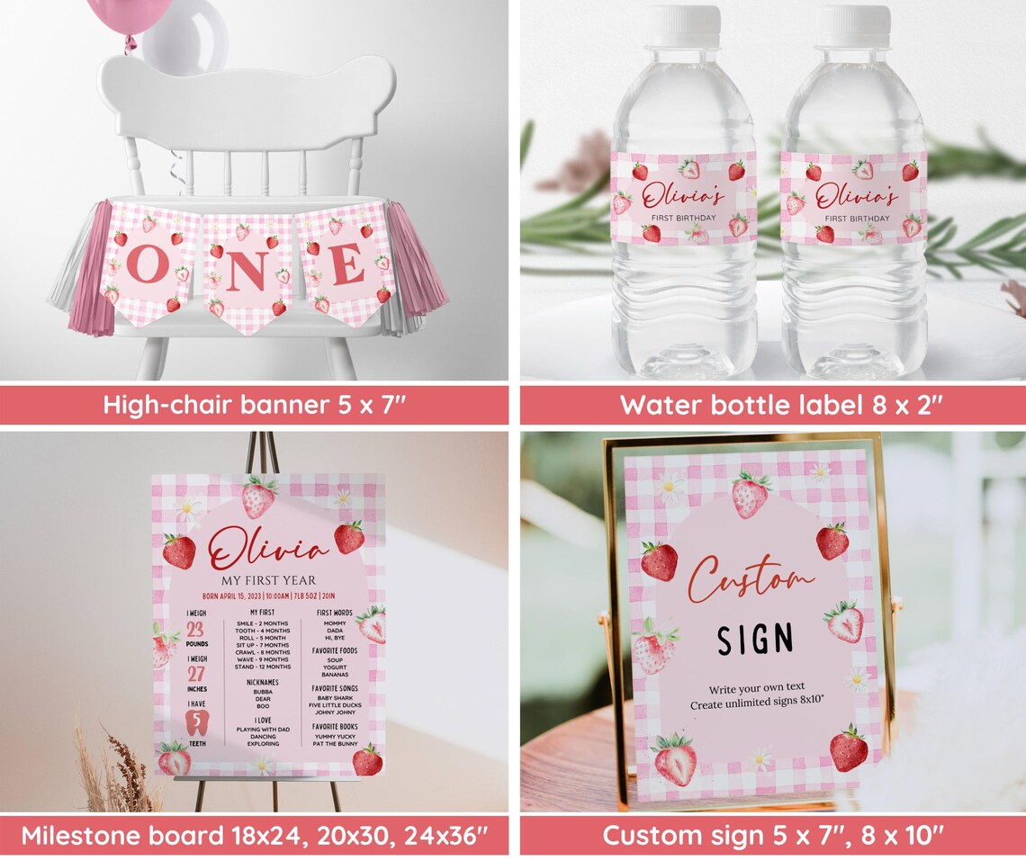 Pink Gingham Berry First Birthday Invitation Bundle, Strawberry 1st ...
