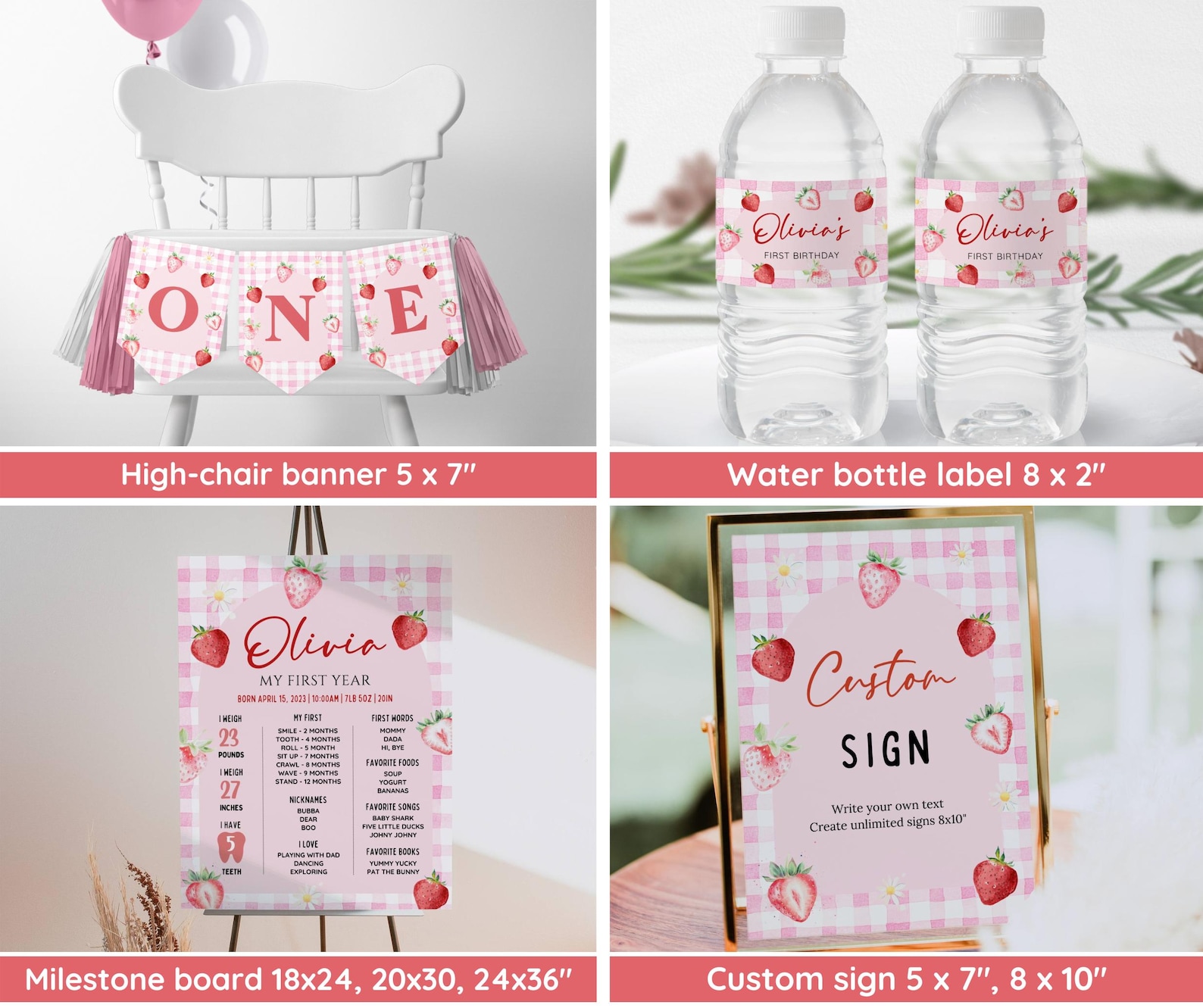 Pink Gingham Berry First Birthday Invitation Bundle, Strawberry 1st ...