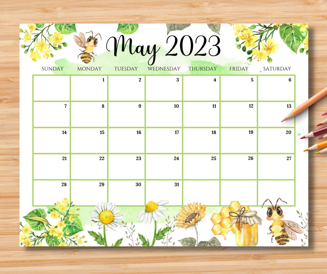 EDITABLE May 2023 Calendar Hello Spring with Cute Honey Bees Etsy.de