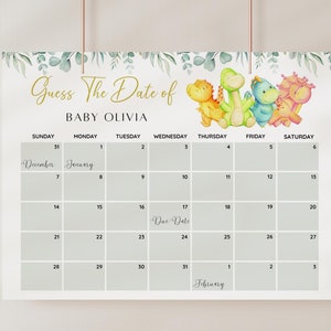 Calendario editable de fechas de parto para baby shower de dinosaurios, juego de baby shower de dinosaurios, adivina el cumpleaños del bebé, predicción del bebé, juego de fecha de parto, digital