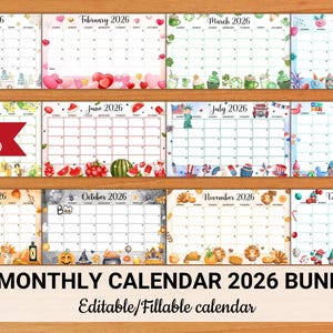 EDITABLE 2026 Calendar Bundle, Legal Size (14x8.5in), Cute Printable Monthly Planner for Kids, School, Work, Home & Office, Instant Download