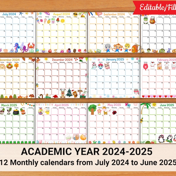 EDITABLE School Calendar 2024-2025 from July to June, Back to School, Printable Monthly Kids Schedule, Homeschool Classroom Calendar