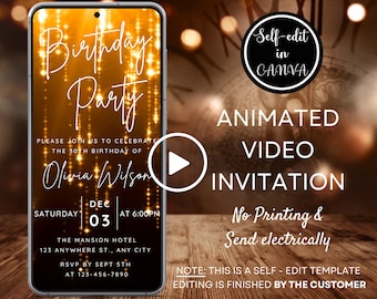Video Orange Glitter Birthday Party Invitation, Any Age Birthday Party Invite for Men Women, Digital Smartphone Invitation, Canva Template