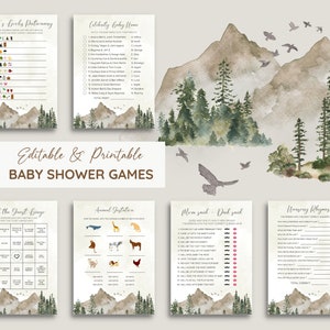 May include: A set of 36 printable baby shower games with a woodland theme. The games include "Baby's Booby Dictionary", "Celebrity Baby Names", "Find the Guest Bingo", "Animal Instincts", "Mom Said - Dad Said", and "Nursery Rhymes".