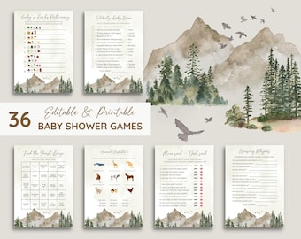 Let the Adventure Begin Baby Shower Game Bundle, Woodland Baby Shower Activity, Forest Pine Tree Mountain Game, Gender Neutral EDITABLE