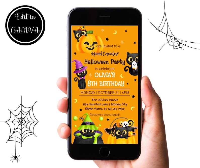 Editable Halloween Birthday Invitation Spooky Black Cat Etsy