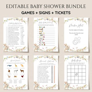 Op de afbeelding: Een verzameling afdrukbare babyshower-spellen en -borden. De bundel bevat spellen zoals "Celebrity Baby Name", "Baby's Book Dictionary" en "Pacifier Hunt". Bloemen- en konijnenillustraties versieren de pagina's. De tekst "EDITABLE BABY SHOWER BUNDLE" staat bovenaan.