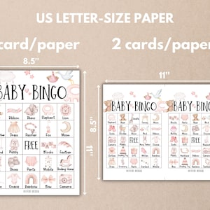 Puede incluir: Dos tarjetas de bingo para beb&eacute; imprimibles, cada una mide 8,5 pulgadas por 11 pulgadas. Las tarjetas presentan un esquema de color rosa y blanco con ilustraciones de art&iacute;culos relacionados con beb&eacute;s como un oso, una cinta, un rinoceronte, un elefante, un le&oacute;n, un mordedor de conejito, un vestido, un chupete, un zorro, una luna, una guirnalda, un cachorro, bloques, una pluma, un abrigo, zapatos, pantalones, un m&oacute;vil, un caballo de balanc&iacute;n, una manopla, un mameluco, un arco&iacute;ris, un lazo y una c&aacute;mara. Las tarjetas est&aacute;n dise&ntilde;adas para una fiesta de bienvenida al beb&eacute; o una fiesta de revelaci&oacute;n de g&eacute;nero.