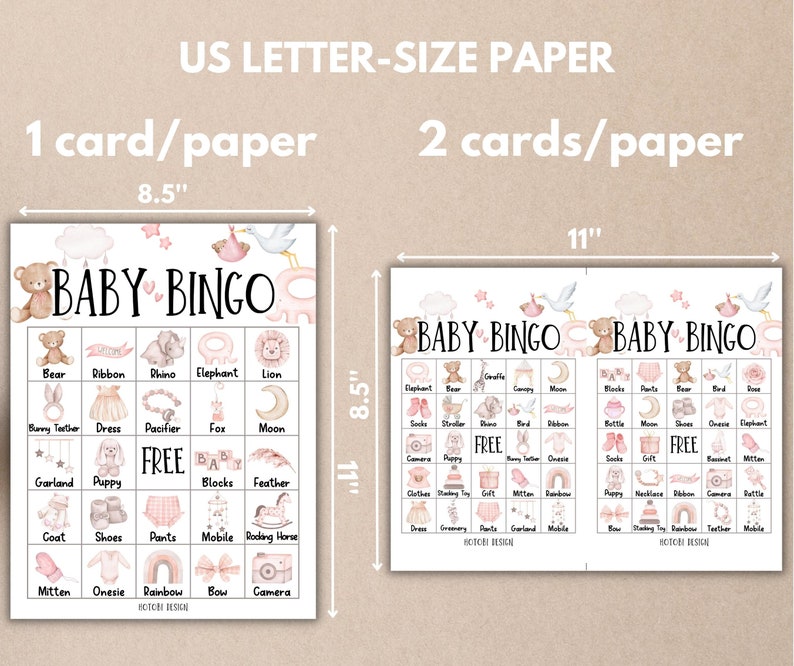 Puede incluir: Dos tarjetas de bingo para beb&eacute; imprimibles, cada una mide 8,5 pulgadas por 11 pulgadas. Las tarjetas presentan un esquema de color rosa y blanco con ilustraciones de art&iacute;culos relacionados con beb&eacute;s como un oso, una cinta, un rinoceronte, un elefante, un le&oacute;n, un mordedor de conejito, un vestido, un chupete, un zorro, una luna, una guirnalda, un cachorro, bloques, una pluma, un abrigo, zapatos, pantalones, un m&oacute;vil, un caballo de balanc&iacute;n, una manopla, un mameluco, un arco&iacute;ris, un lazo y una c&aacute;mara. Las tarjetas est&aacute;n dise&ntilde;adas para una fiesta de bienvenida al beb&eacute; o una fiesta de revelaci&oacute;n de g&eacute;nero.