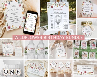 May include: A set of printable wildflower birthday party decorations for a first birthday. The set includes invitations, a welcome sign, a banner, food labels, water bottle labels, cupcake toppers, a time capsule, and a thank you tag. The decorations feature a watercolor floral design with pink, yellow, and green colors.