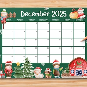 EDITABLE December 2025 Calendar, Beautiful Christmas on a Farm, Printable Christmas Planner, Kid School Home Work Schedule, Instant Download