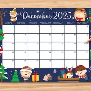 EDITABLE December 2025 Calendar, Joyful Christmas w/ Kids Playing Outside, Printable Monthly Planner for Kids School Home Work Office