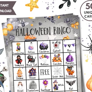 Bingo di Halloween stampabile, 50 cartelle bingo uniche con etichette, attività di Halloween per bambini, adolescenti e adulti, gioco di classe per famiglie per feste di Halloween