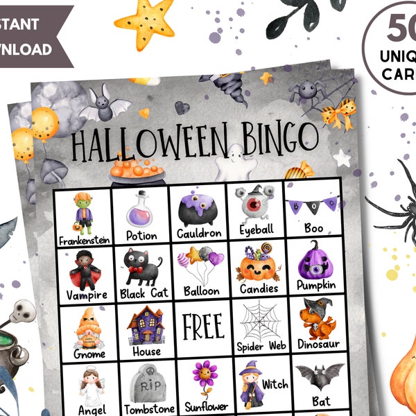 Printable Halloween Bingo, 50 Unique Bingo Cards w/Labels, Halloween Activity for Kids, Teen & Adults, Halloween Party Family Classroom Game