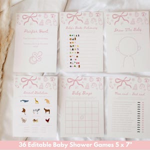 May include: Six baby shower game cards with pink bow and baby-themed illustrations. Games include Pacifier Hunt, Baby's Books Dictionary, Draw The Baby, Animal Gestation, Baby Bingo, and Mom Said-Dad Said. The text "36 Editable Baby Shower Games 5 x 7" is at the bottom.