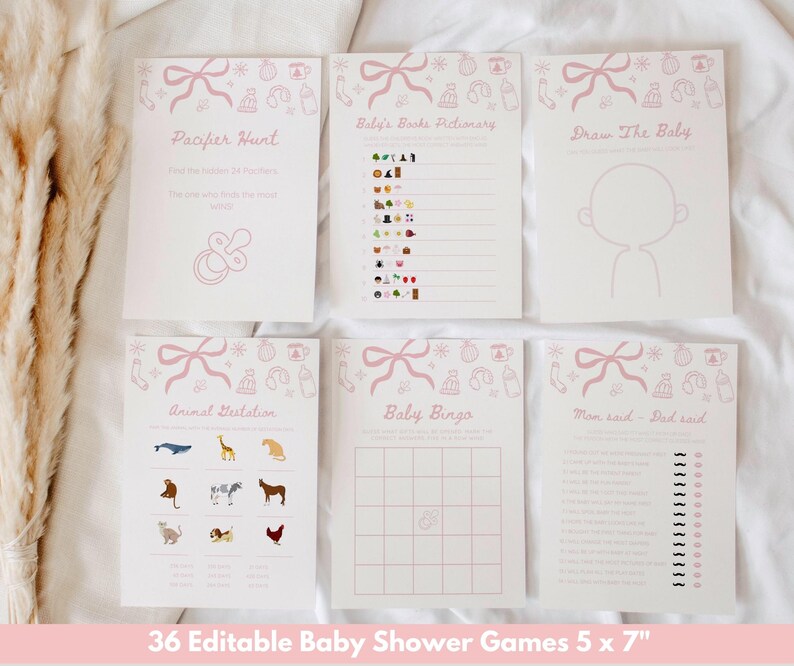 May include: Six baby shower game cards with pink bow and baby-themed illustrations. Games include Pacifier Hunt, Baby's Books Dictionary, Draw The Baby, Animal Gestation, Baby Bingo, and Mom Said-Dad Said. The text "36 Editable Baby Shower Games 5 x 7" is at the bottom.