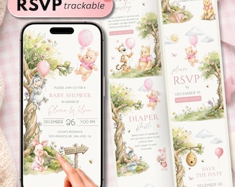 Editable Winnie the Pooh Baby Shower Website Invitation, Online RSVP Digital Invite, Girl Baby Shower Pink Teddy Bear Canva Template