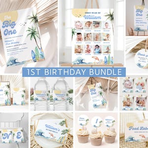 Big One verjaardagsuitnodiging bundel, surfplank 1e verjaardag uitnodigen bundel, surfen eerste verjaardag decor, bewerkbare sjabloon, Instant Download