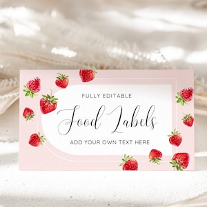 Marque-places pour baby shower aux fraises, étiquette de nourriture pour bébé, saupoudrer de petits fruits, carte de tente de buffet aux baies roses, étiquette d'aliment, carte de nom de table, MODIFIABLE