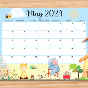 EDITABLE May 2024 Calendar, Happy Spring w/ Cute Animals & Bicycles, Mother's Day Planner, Printable Kids School Schedule, Instant Download