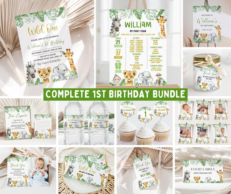 Wild One 1st Birthday Bundle, Safari Wild One Birthday Bundle, Wild One Invitation Bundle, Instant Download, Birthday Boy Milestone Welcome image 1