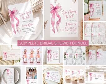 May include: A complete bridal shower bundle with pink watercolor bow designs. The bundle includes invitations, food labels, water bottle labels, favor tags, cupcake toppers, table numbers, and a guest book sign.