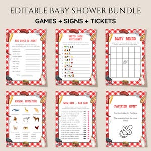 May include: A collection of printable baby shower games and signs, including "The Price is Right," "Baby's Booh Pictionary," "Baby Bingo," "Animal Gestation," "Mom Said - Dad Said," and "Pacifier Hunt." The designs feature a red and white checkered pattern.