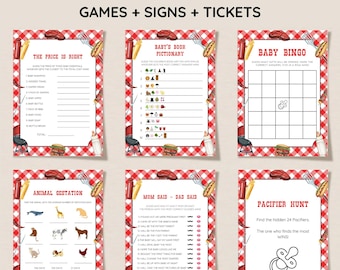 May include: A collection of printable baby shower games and signs, including "The Price is Right," "Baby's Booh Pictionary," "Baby Bingo," "Animal Gestation," "Mom Said - Dad Said," and "Pacifier Hunt." The designs feature a red and white checkered pattern.